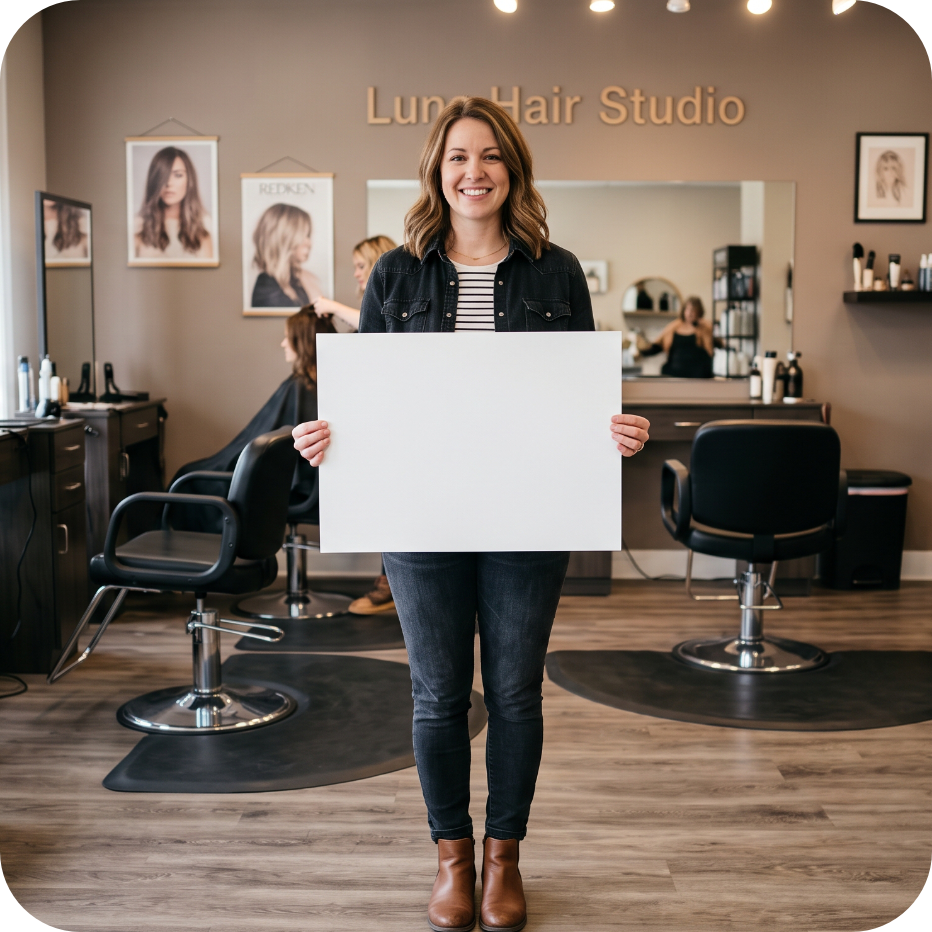 Personalised review request showing a salon owner holding a sign with the customer name Jenny